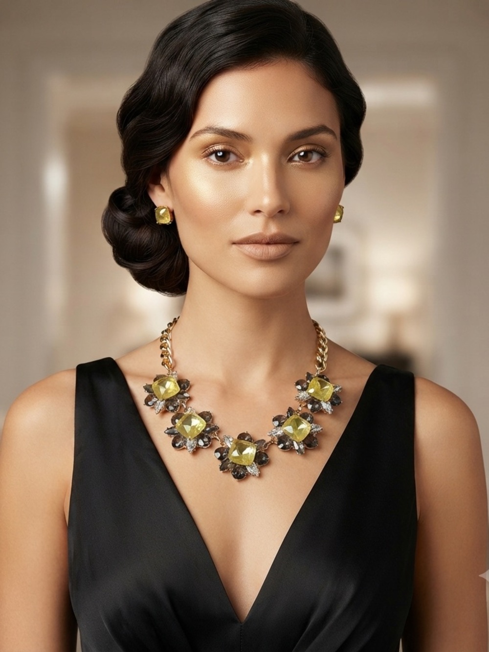 Vintage Statement Necklace with Yellow and Black Floral Design 16”